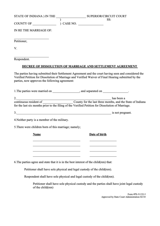 Fillable Decree Of Dissolution Of Marriage And Settlement Agreement Printable Pdf Download