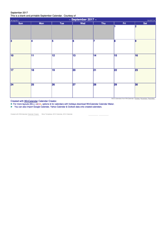 September 2017 Calendar Template Printable pdf
