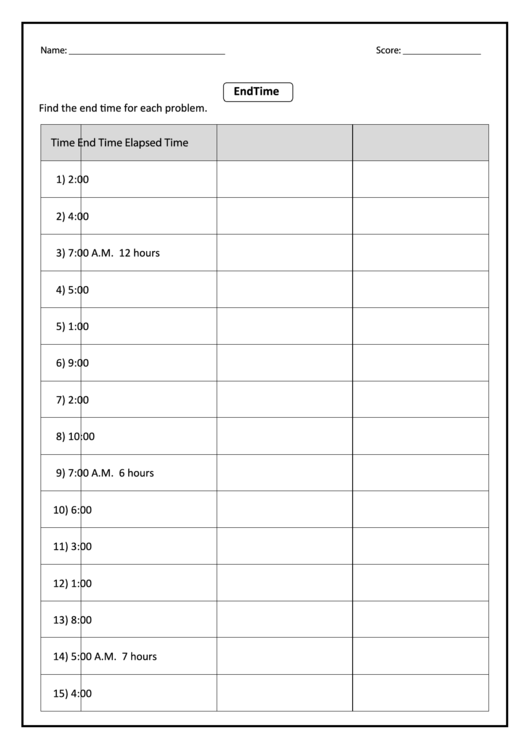 End Time Worksheet Printable pdf