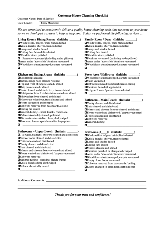 Customer House Cleaning Checklist Printable pdf