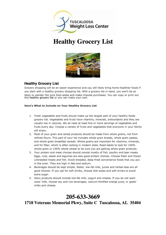 Healthy Grocery List Printable pdf