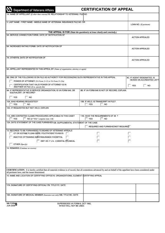 Fillable Va Form 8 - Certification Of Appeal Printable pdf