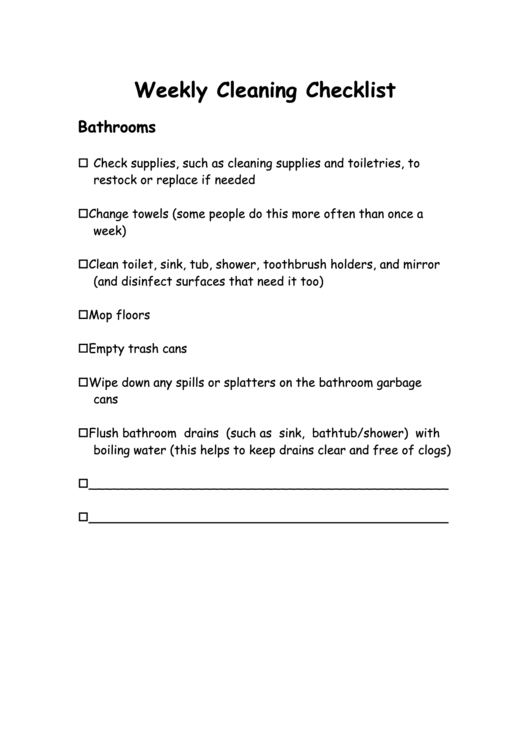 Weekly Cleaning Checklist Template Printable pdf