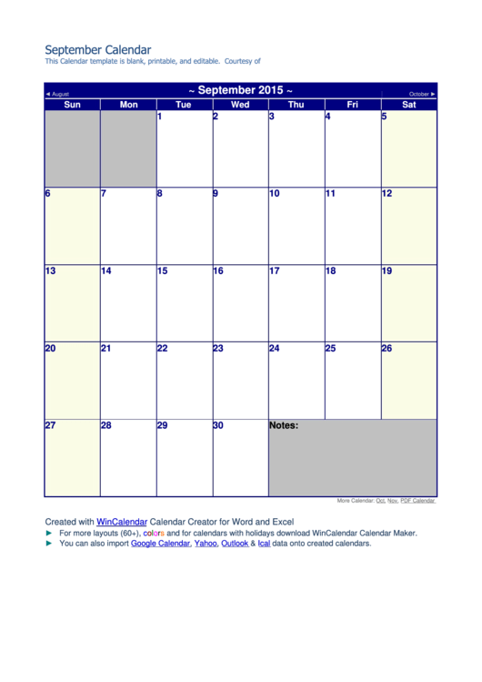 September 2015 Calendar Template Printable pdf