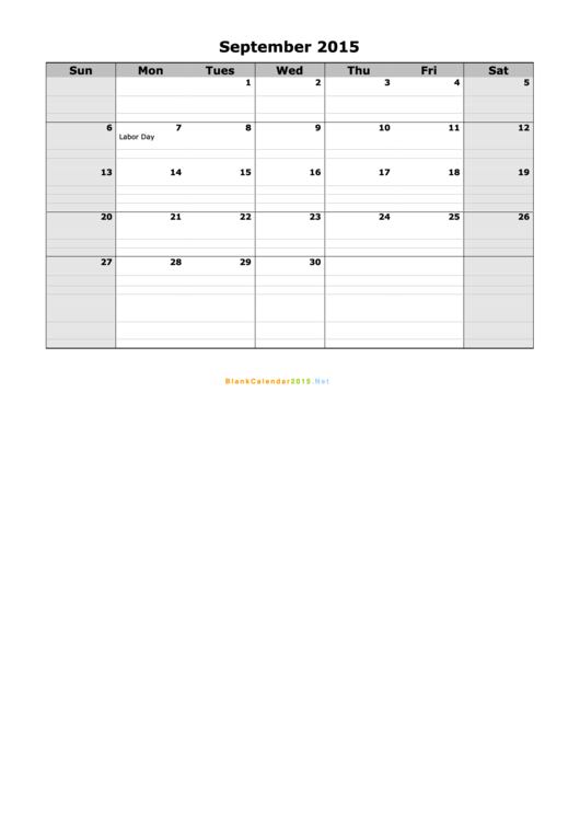 September 2015 Calendar Template printable pdf download