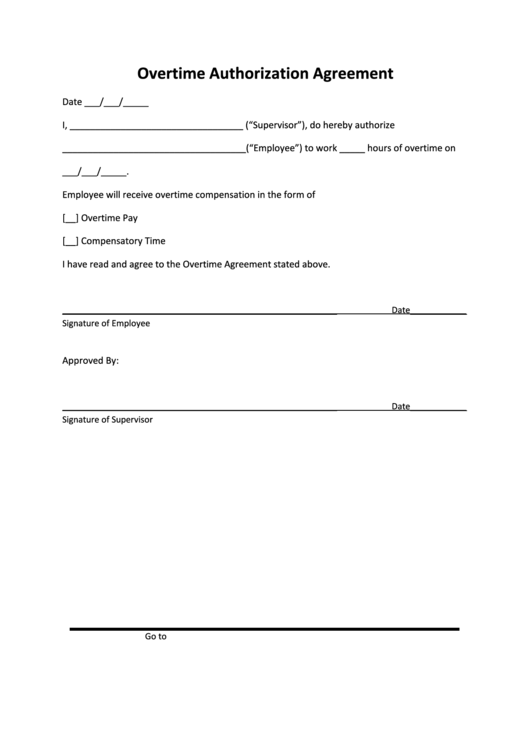 Overtime Authorization Agreement Printable pdf