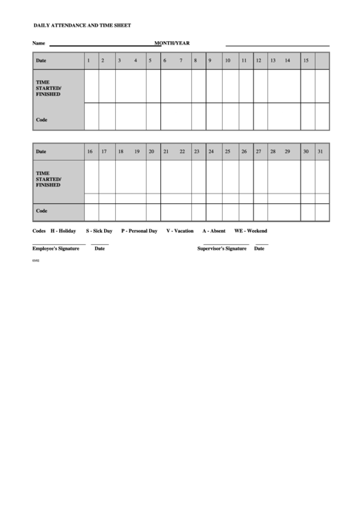 Daily Attendance And Time Sheet Template Printable pdf