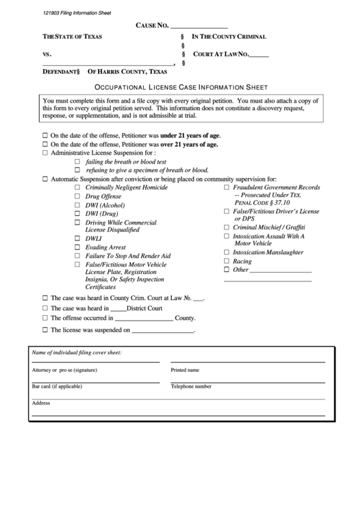 Fillable Occupational License Case Information Sheet Printable pdf