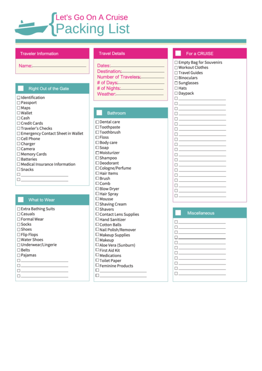 Cruise Packing List Template Printable pdf