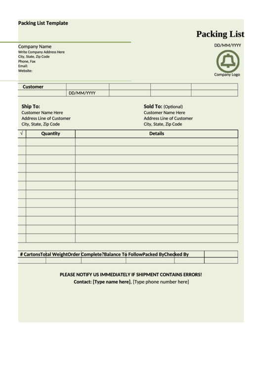 Packing List Template Printable pdf
