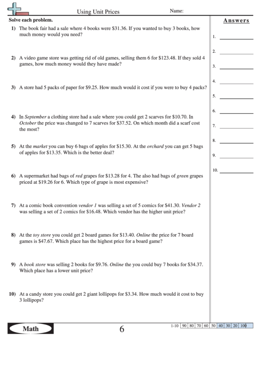 Using Unit Prices Worksheet With Answer Key