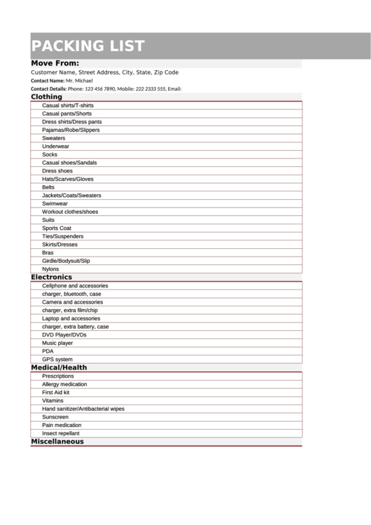 Packing List Template Printable pdf
