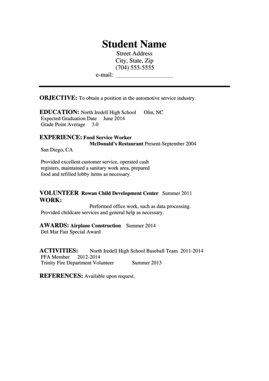resume for high school student template
