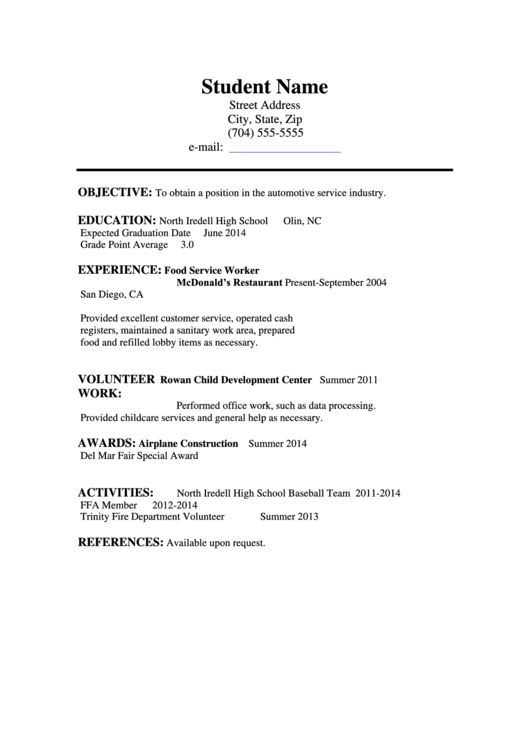 Student Resume Template Printable Pdf Download