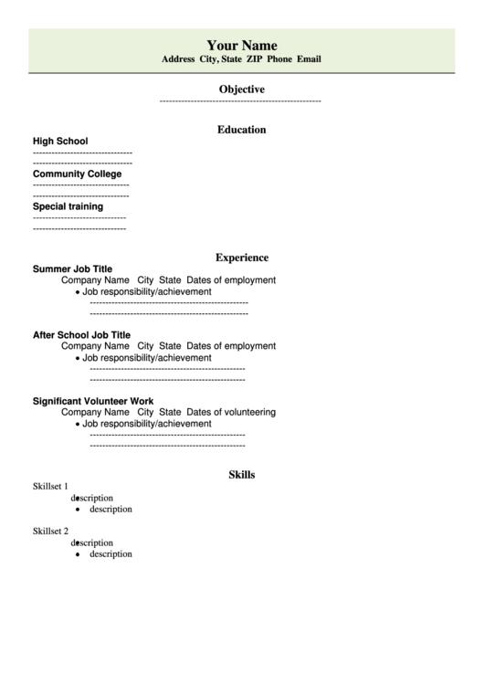High School Student Resume Template Printable pdf