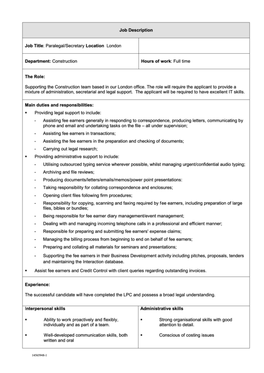 Paralegal/secretary Job Description Printable pdf