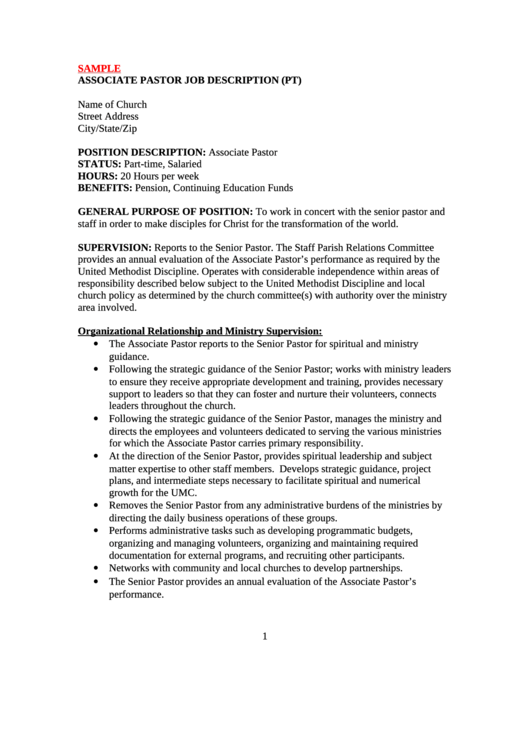 Sample Associate Pastor Job Description Printable Pdf Download