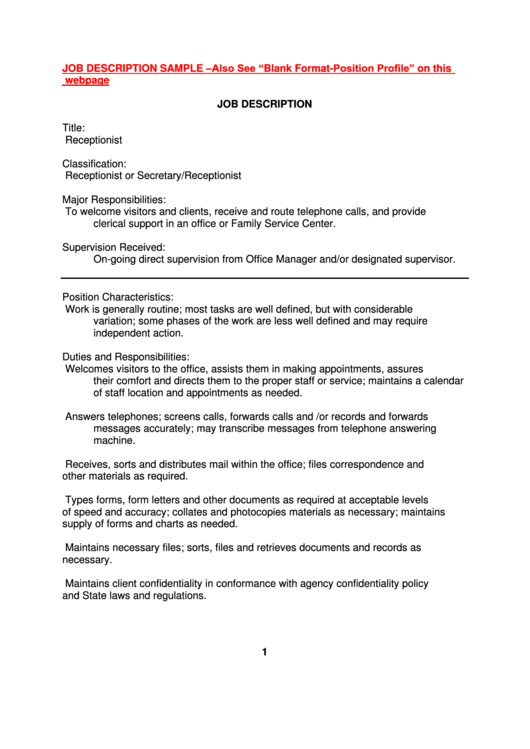 Receptionist Job Description Printable pdf