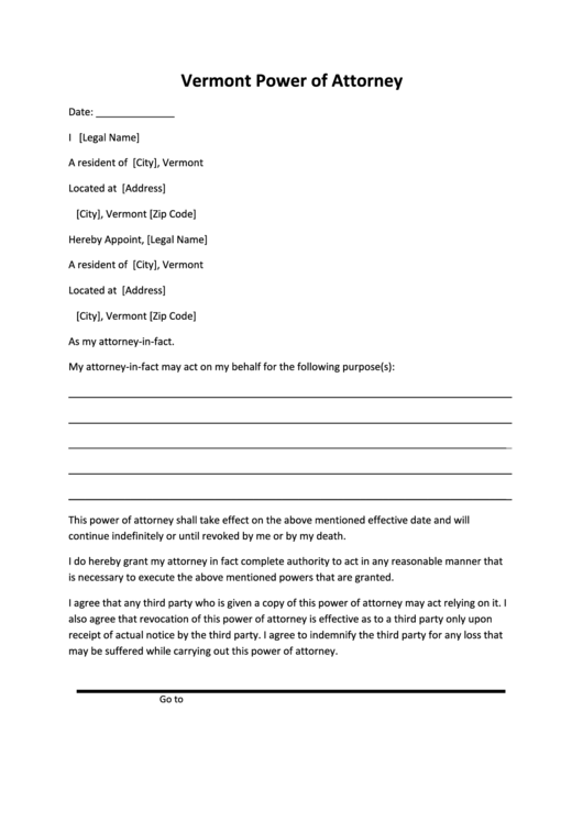 Power Of Attorney Form - Vermont printable pdf download