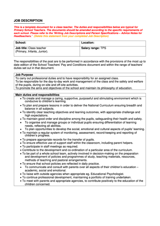 Job Description Template For A Class Teacher Printable pdf