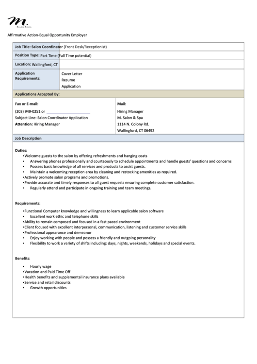 Salon Coordinator (Front Desk/receptionist) Job Description Printable pdf