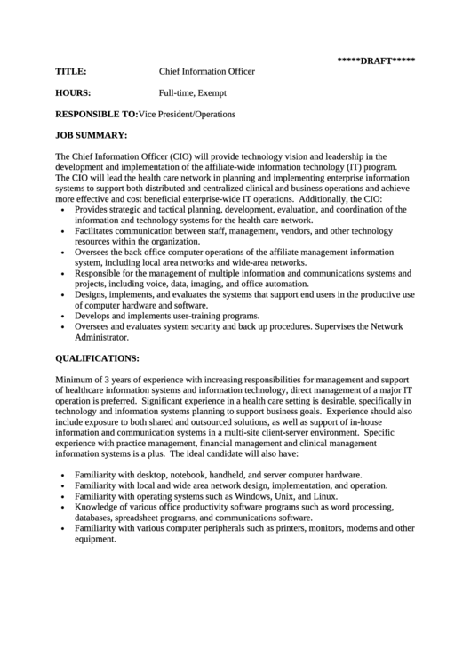 Chief Information Officer Job Description Printable pdf