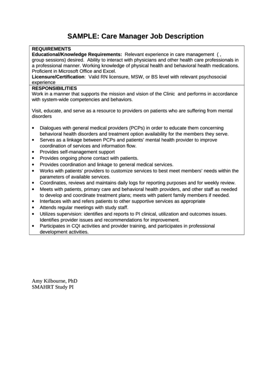 Care Manager Job Description Printable Pdf Download