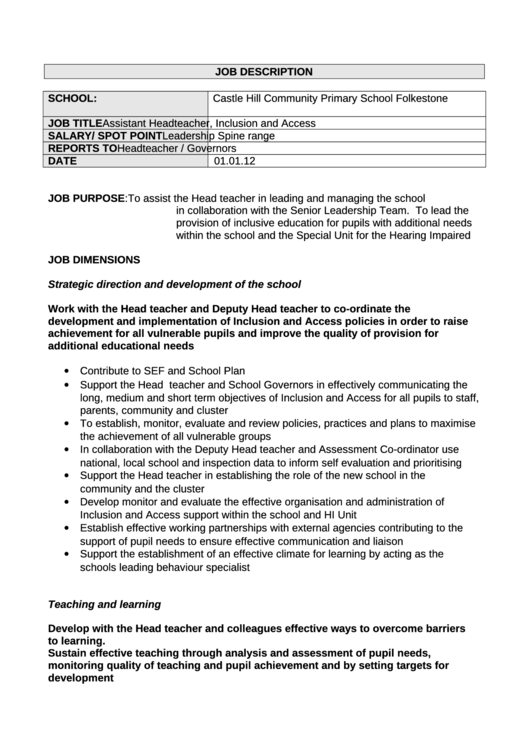 Assistant Headteacher, Inclusion And Access Job Description printable ...