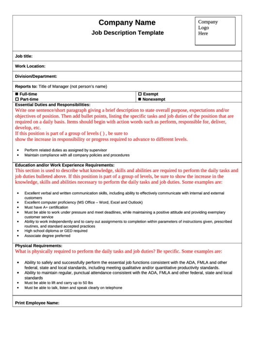 Job Description Template Printable pdf