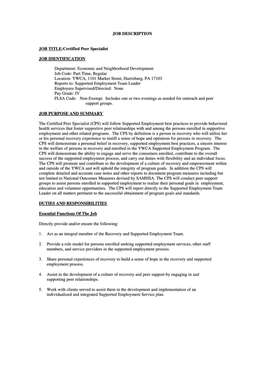 Certified Peer Specialist Job Description Printable pdf