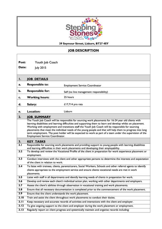 Youth Job Coach Job Description Printable pdf
