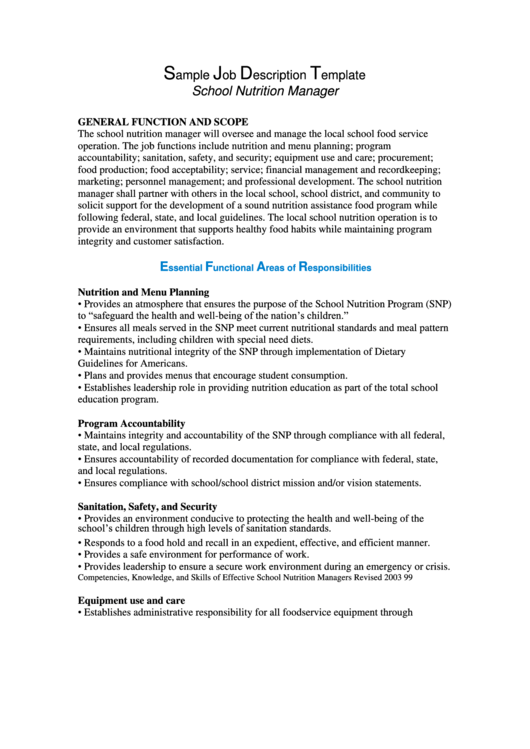 School Nutrition Manager Job Description printable pdf download