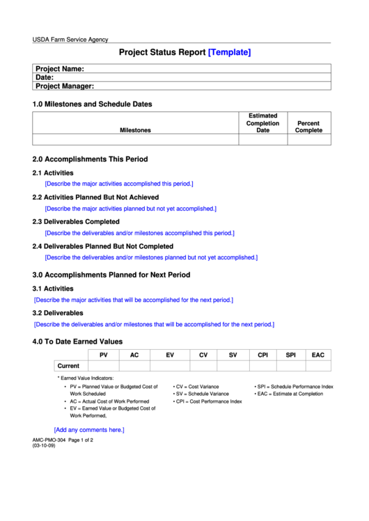 Project Status Report Template Printable pdf