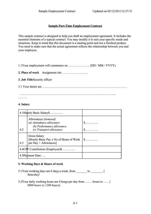 Sample Part-Time Employment Contract Printable pdf