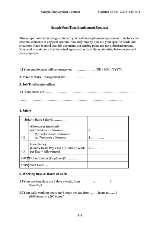 Sample PartTime Employment Contract printable pdf download