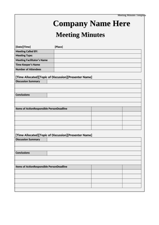 Company Meeting Minutes Template Printable pdf