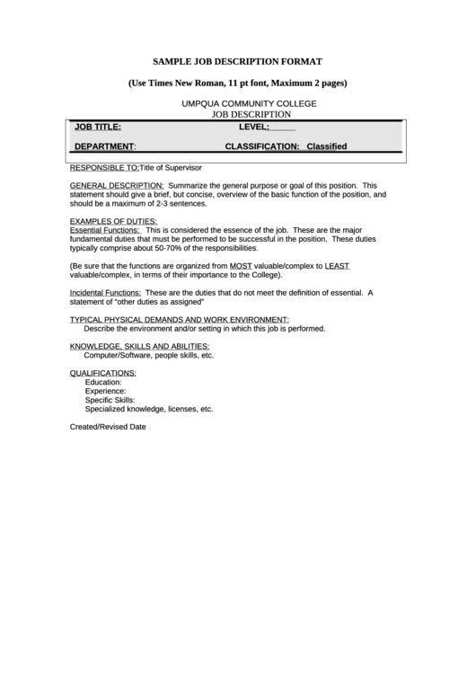 Sample Job Description Format Printable pdf