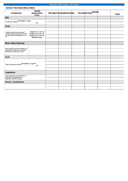 Breakfast Menu Planner - All Grades Printable pdf