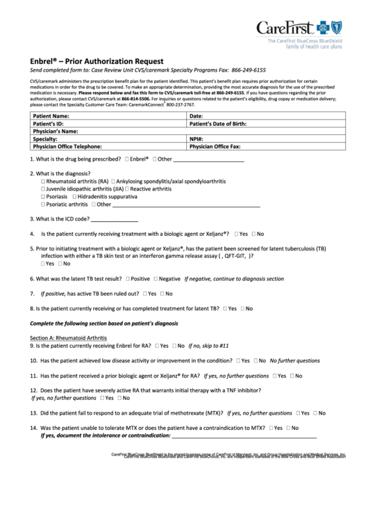 Carefirst Prior Authorization Request Enbrel printable pdf download