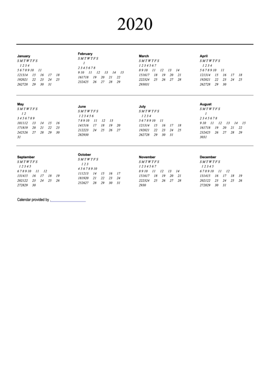 2020 Yearly Calendar Template Printable pdf