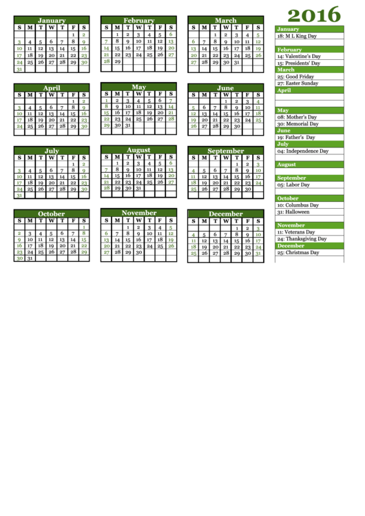 Yearly Calendar Template With Holidays Green - 2016 Printable pdf