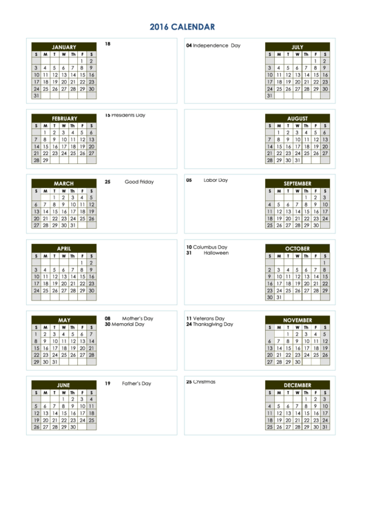 Yearly Calendar Template With Holidays - 2016 Printable pdf