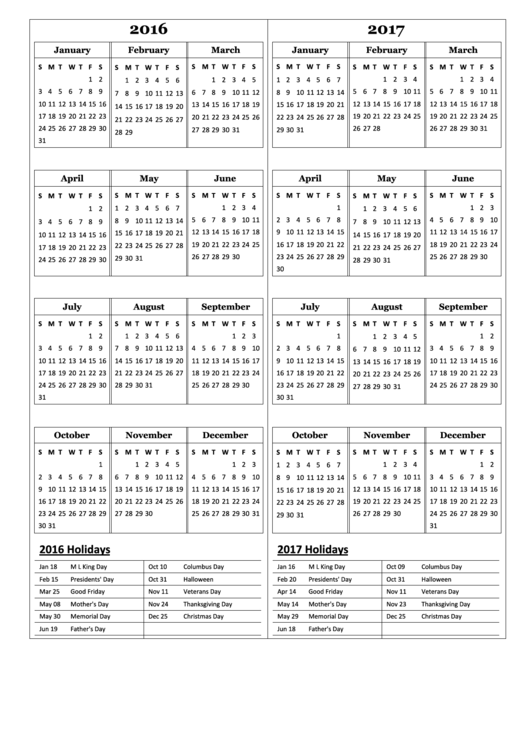 Yearly Calendar Template - 2016-2017 Printable pdf