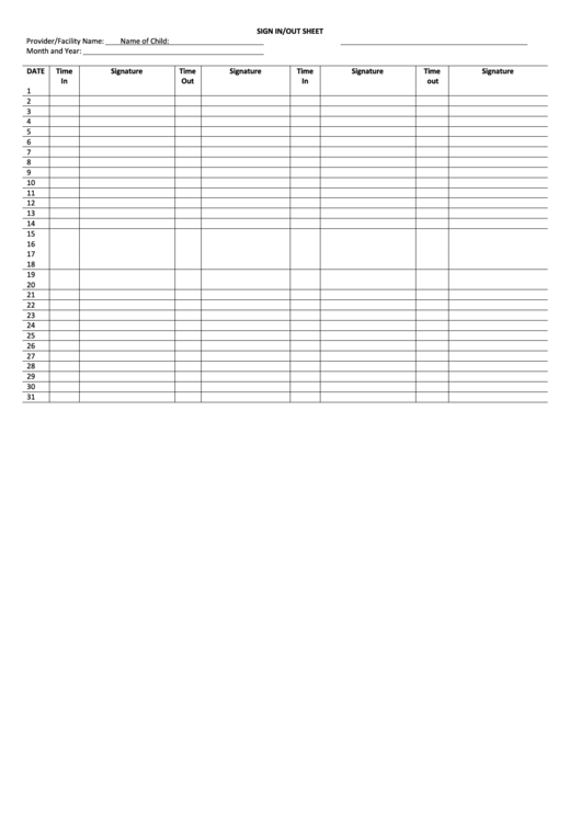 Sign In/out Sheet Printable pdf