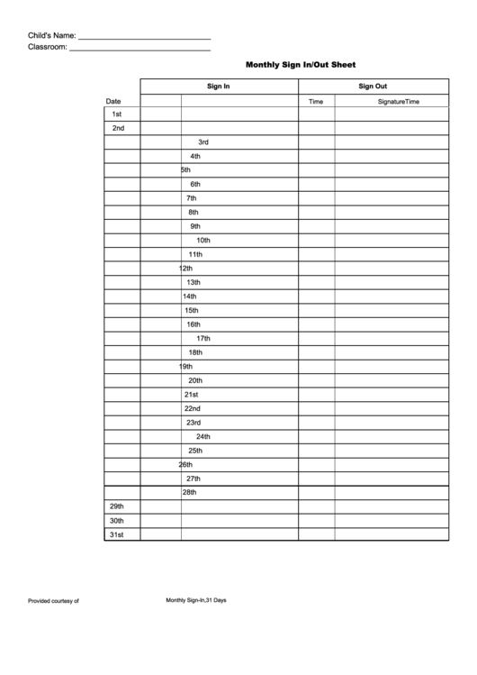 Monthly Sign In/out Sheet Template Printable pdf