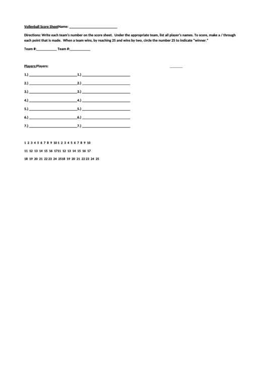 Volleyball Score Sheet Printable pdf