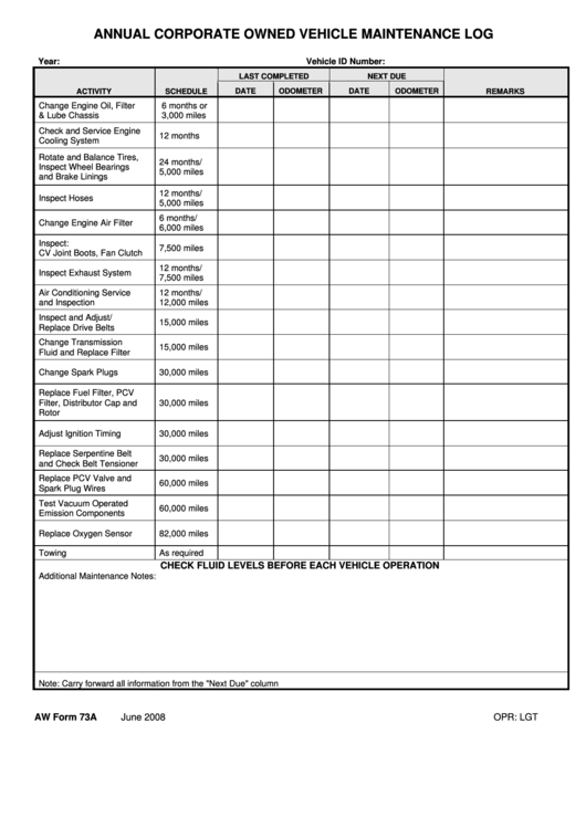 Annual Corporate Owned Vehicle Maintenance Log Printable pdf