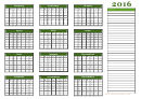 Yearly Calendar Template With Empty Notes Green - 2016