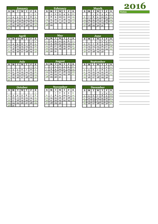 Yearly Calendar Template With Empty Notes Green - 2016 Printable pdf