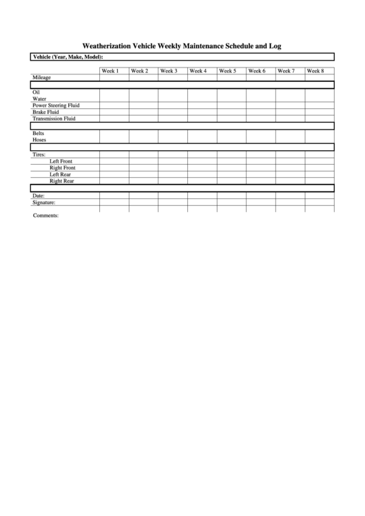 Weatherization Vehicle Weekly Maintenance Schedule And Log Printable pdf